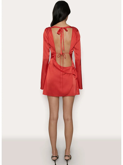 Long Sleeved Bodycon Dress Lace Up Open Back Slim Fit Mini Dress Female Party Club Evening Dress