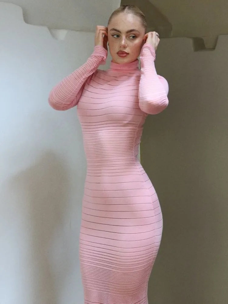 Long Sleeved Sweater Knit Dress Stretch Tight Striped Bodycon Party Evening Dress Fashiona Street Vestido