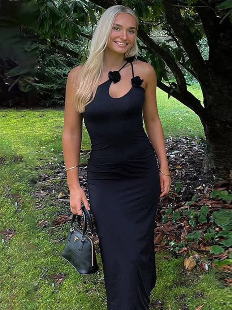 Sleeveless Irregular Bodycon Evening Dress Fall New Flower Ornament Shoulder Vestido Long Dress