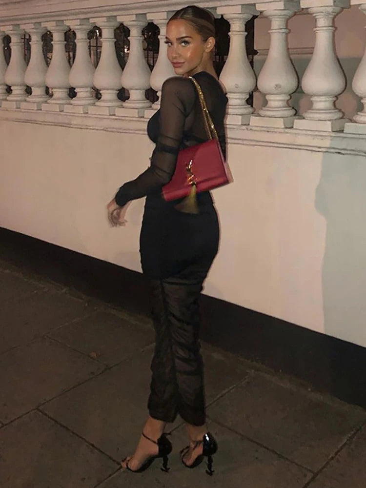 Mesh See Through Dress 3 Piece Set Female Clothing Slim Camisole Black Bodycon Skirts