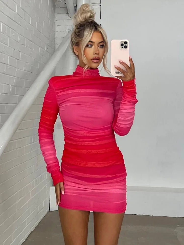 O- Neck Contrast Long Sleeve ’s Dress Party Street Stretchy Tight Ruffle Female Mini Dress Autumn New