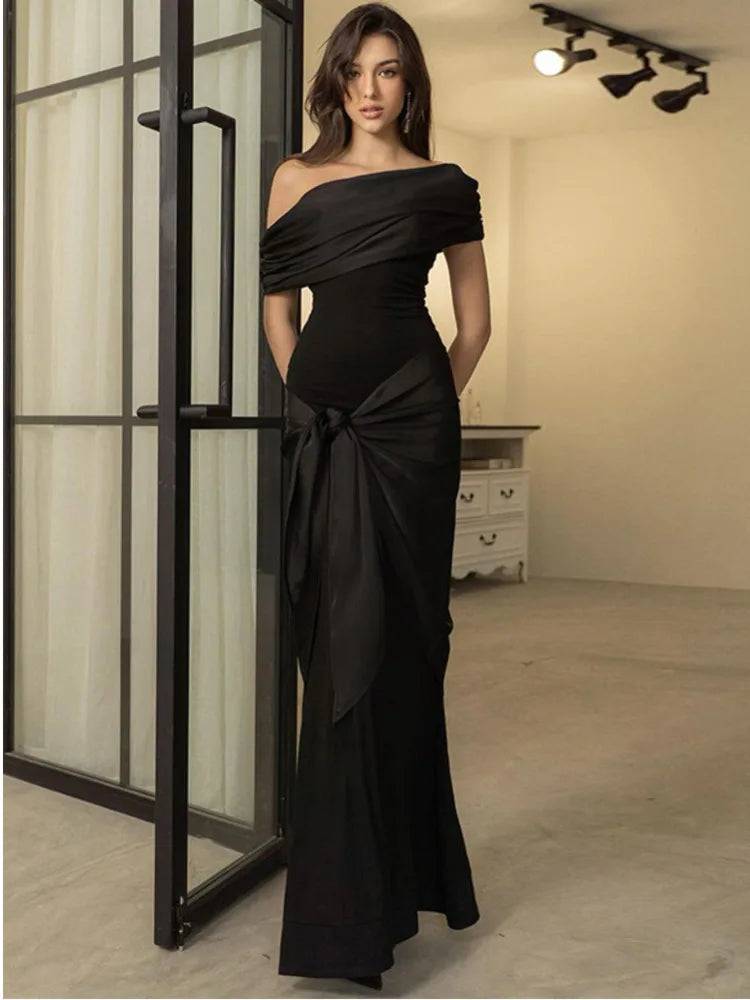 One Shoulder Mesh Patchwork Ribbon Dress New Slim Fit Black Female Long Dress Party Evening Dress