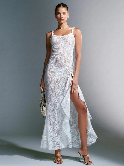 Lace Print High Split ’s Dress Slim Fit Open Back Transparent Lace Up Female Midi Dress Party Club Vestidos