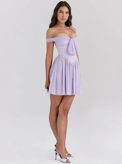 One-shoulder Mesh Pleated Mini Dress