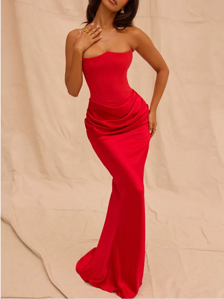 Summer New Waist Strapless Line Neck Long Dress Spicy Girl Backless Bodycon Party Club Evening Dress