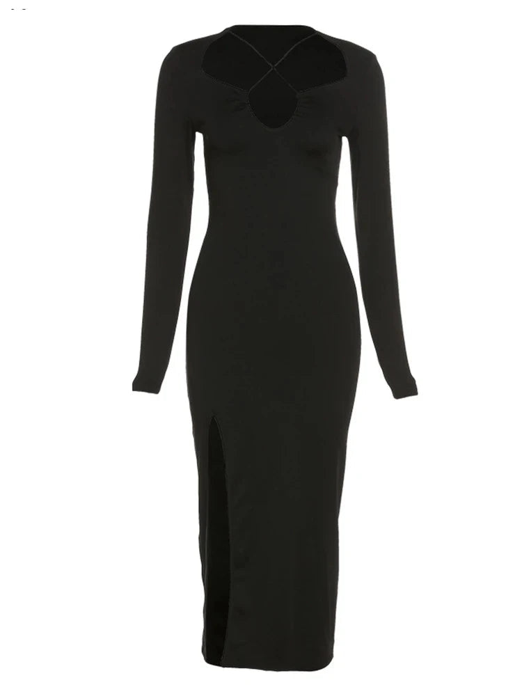 Crossed Cleavage Maxi Concise Street Bodycon Slim Midi Dresses