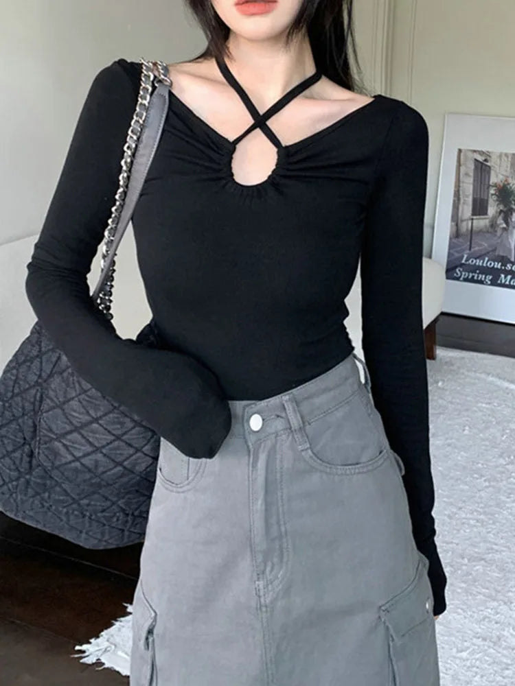 Autumn Korean Y2k T-shirt Woman Japanese Halter Bandage V-neck Skinny Long Sleeve Autum Tee Shirt Tshirt Tops