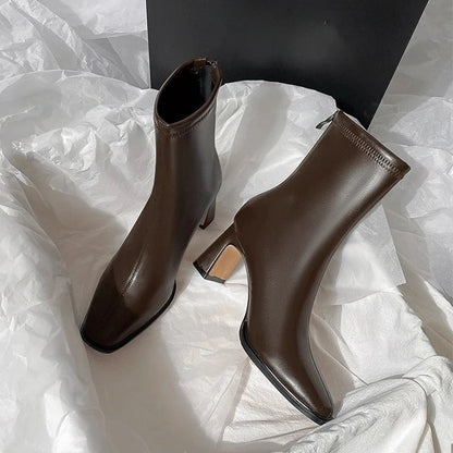 Autumn Winter Leather Square Toe Square Heel Short Ankle Boot