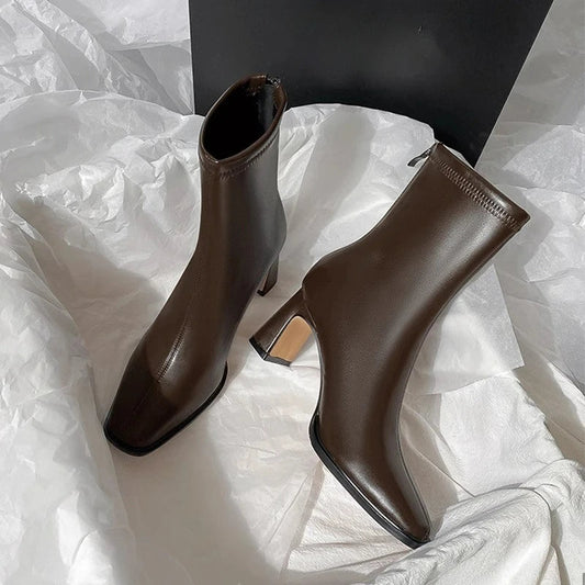 Autumn Winter Leather Square Toe Square Heel Short Ankle Boot