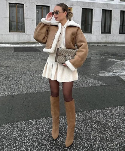 Autumn Winter Faux Cropped Thick Warm Lapel Fleece Long Coat
