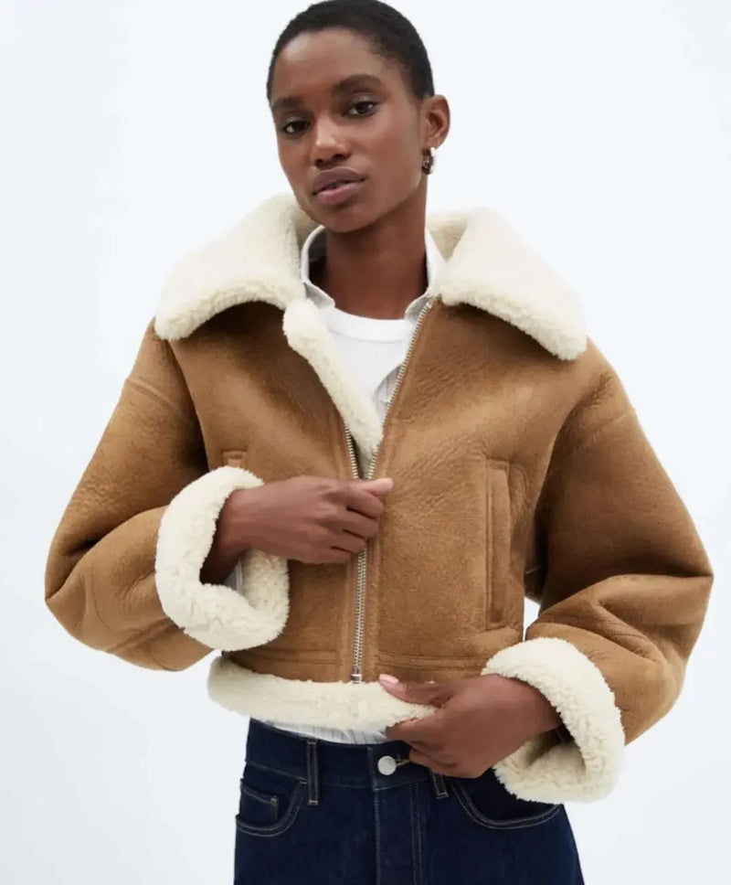 Autumn Winter Faux Cropped Thick Warm Lapel Fleece Long Coat