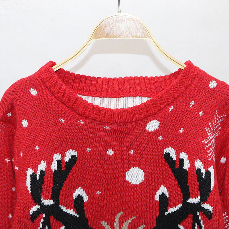 Christmas Sweater With Cartoon Reindeer Print and Fur Collar