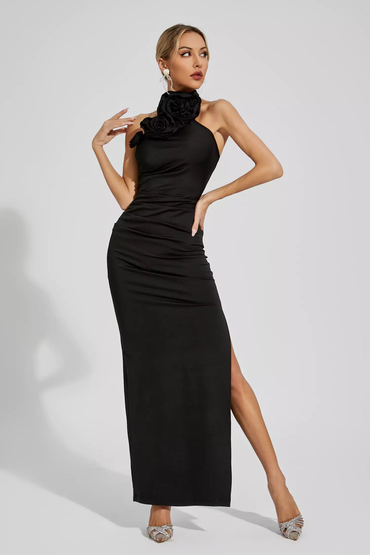 Aylin Black Ruched Halter Maxi Dress