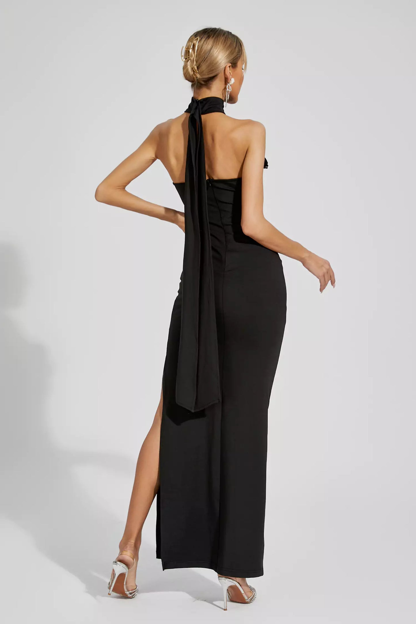 Aylin Black Ruched Halter Maxi Dress