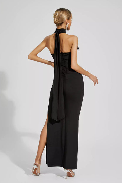 Aylin Black Ruched Halter Maxi Dress