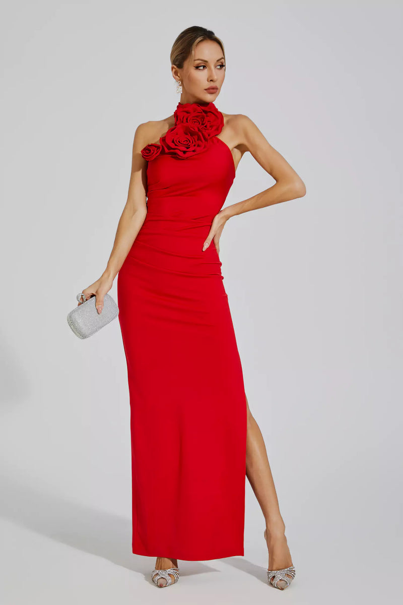 Aylin Red Ruched Halter Maxi Dress