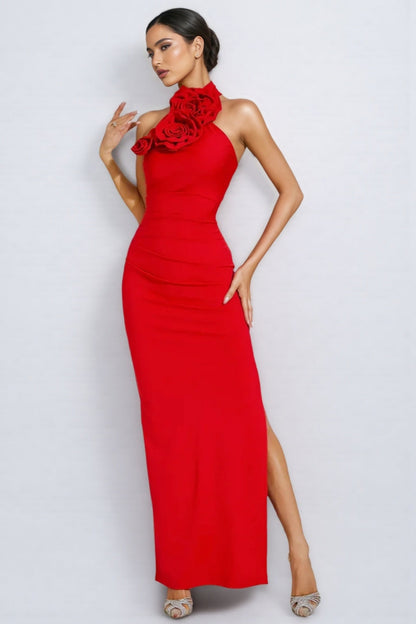 Emily Red Ruched Halter Maxi Dress