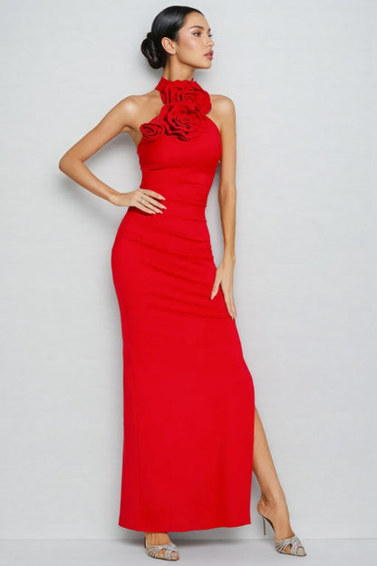 Emily Red Ruched Halter Maxi Dress