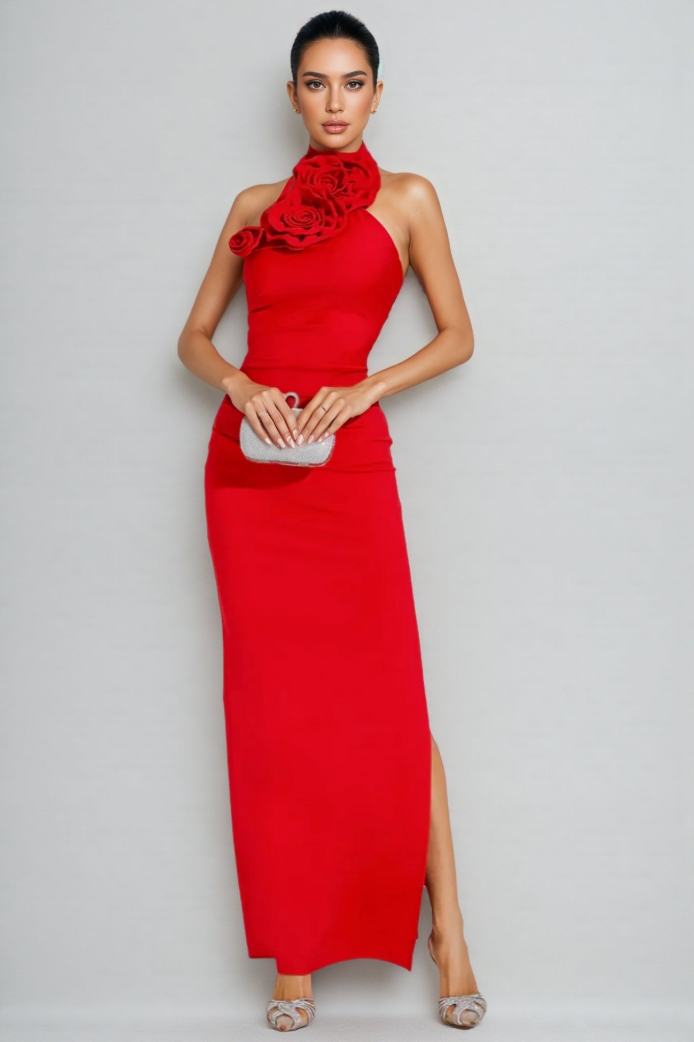 Emily Red Ruched Halter Maxi Dress