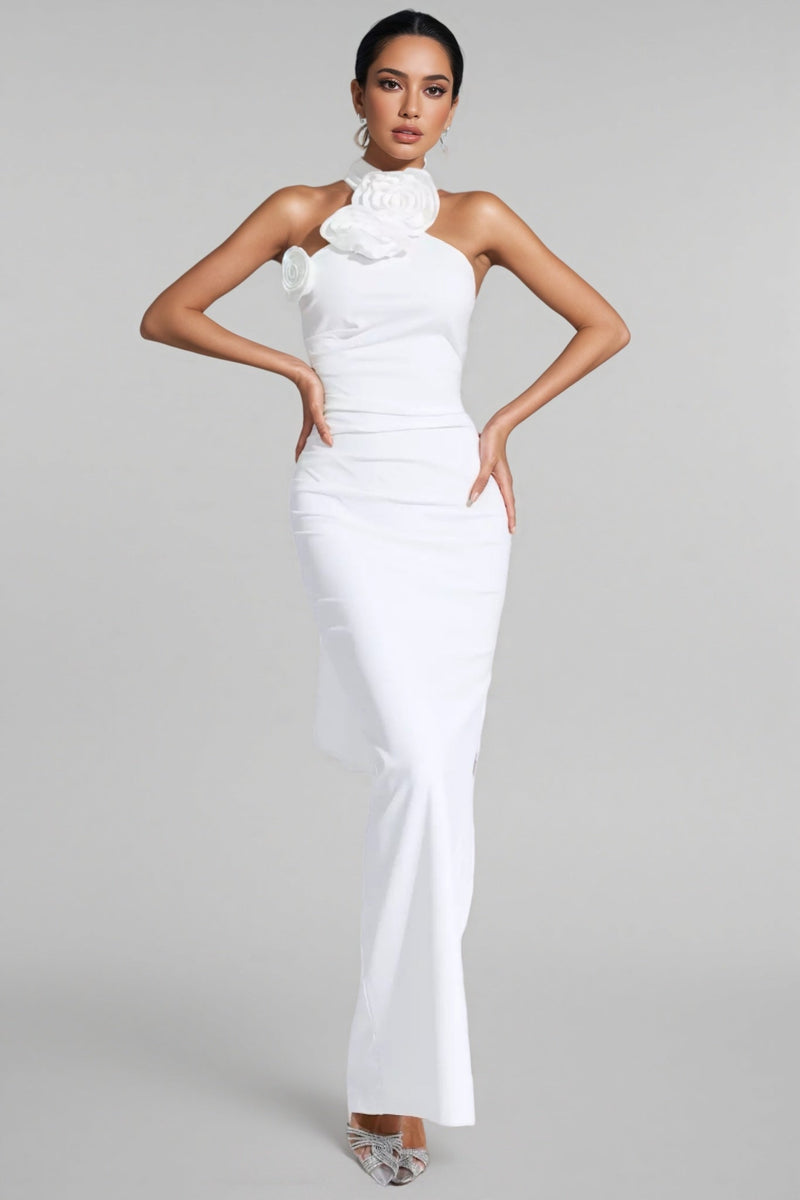 Hilia White Ruched Halter Maxi Dress