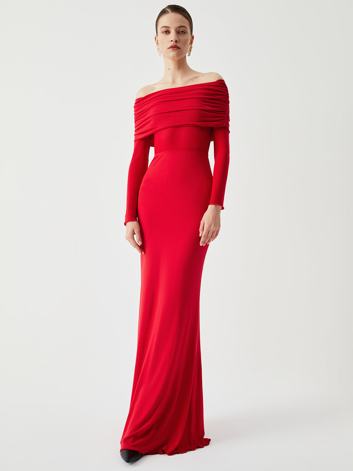 Abriella - Off-shoulder Overfold Mesh Maxi Dress