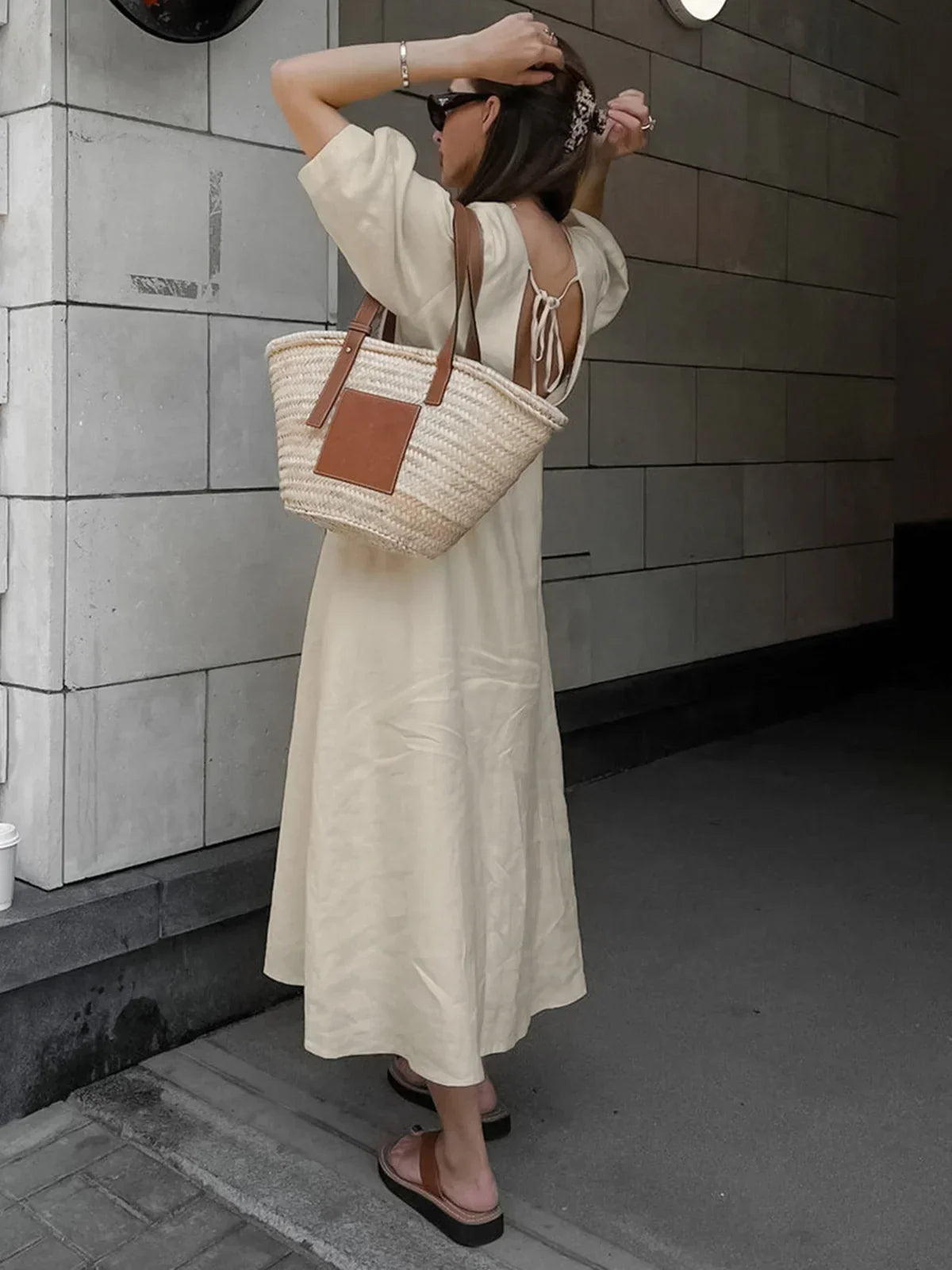 Cotton & Linen Button-front Knotted Long Dress