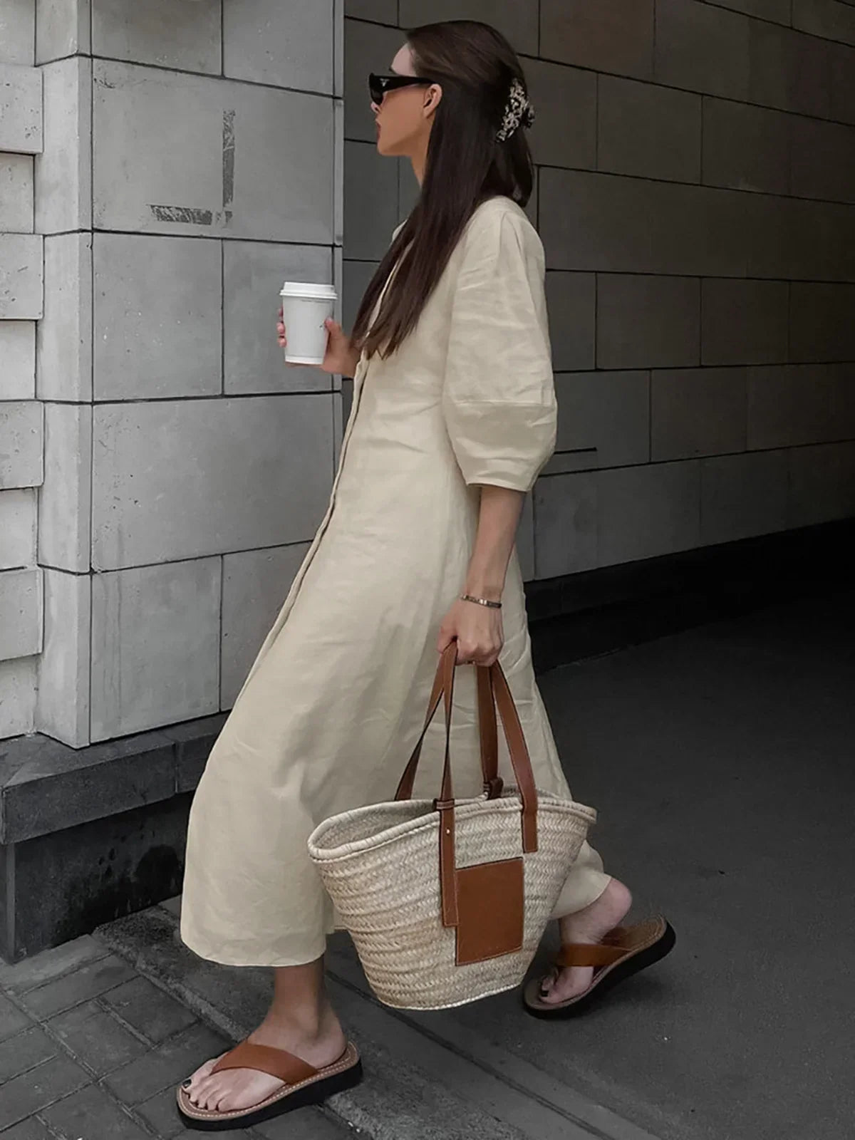 Cotton & Linen Button-front Knotted Long Dress
