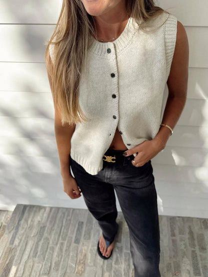 Willow Knit Vest - Button-front Sleeveless Cardigan