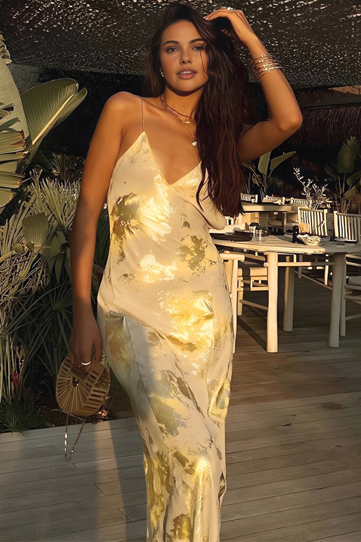 Julie Metallic Print Spaghetti Strap Maxi Dress