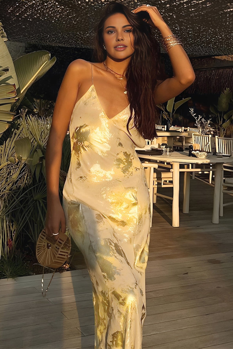 Julie Metallic Print Spaghetti Strap Maxi Dress