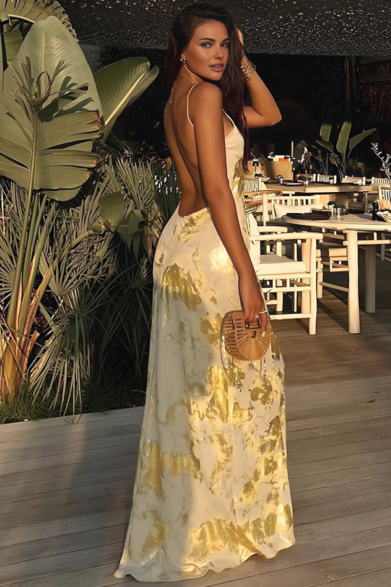 Julie Metallic Print Spaghetti Strap Maxi Dress