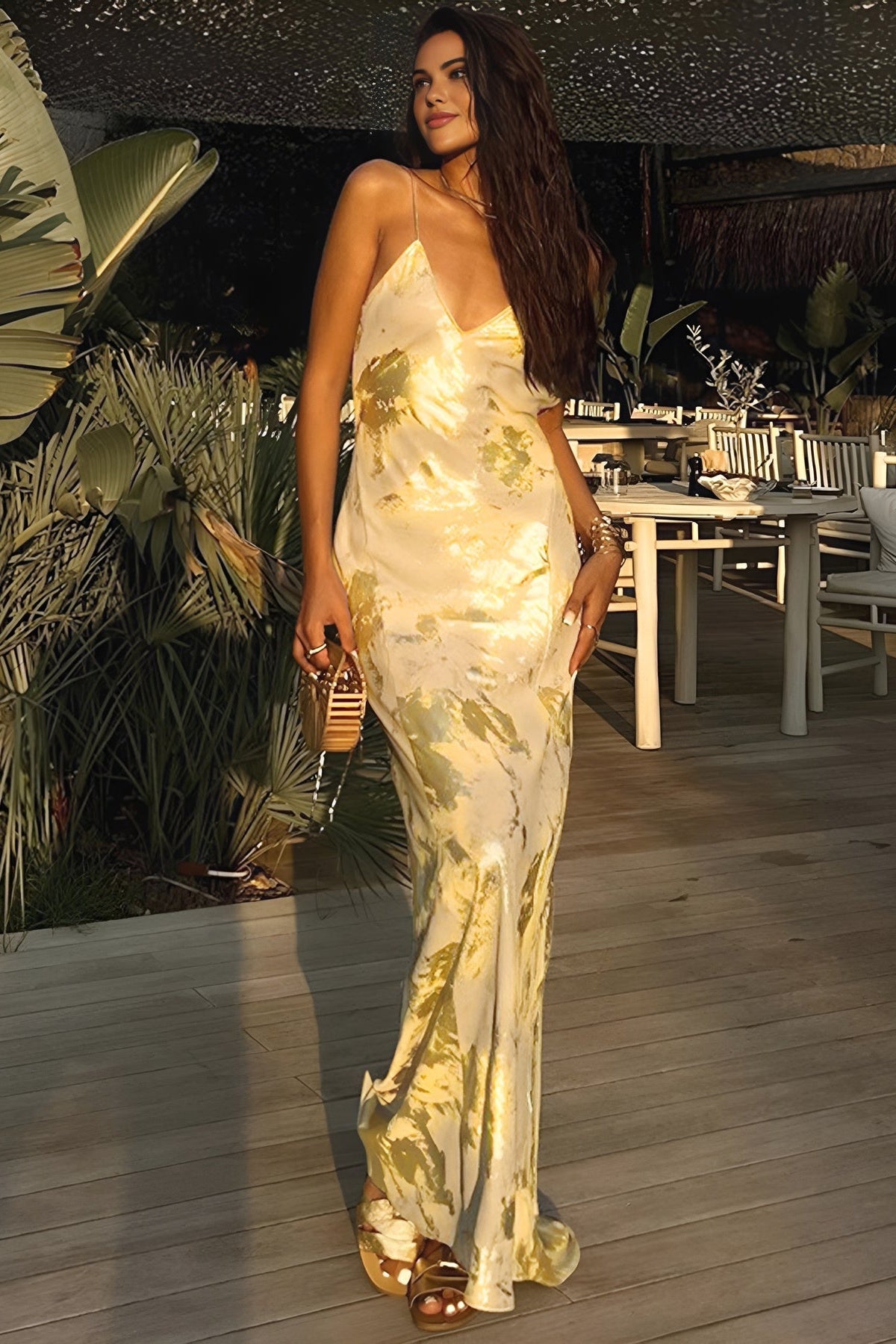Julie Metallic Print Spaghetti Strap Maxi Dress