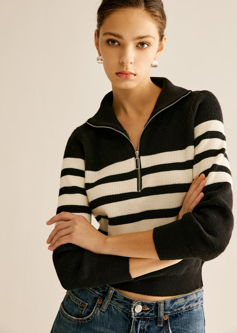 Zipper Striped Knit Sweater - Modern Look