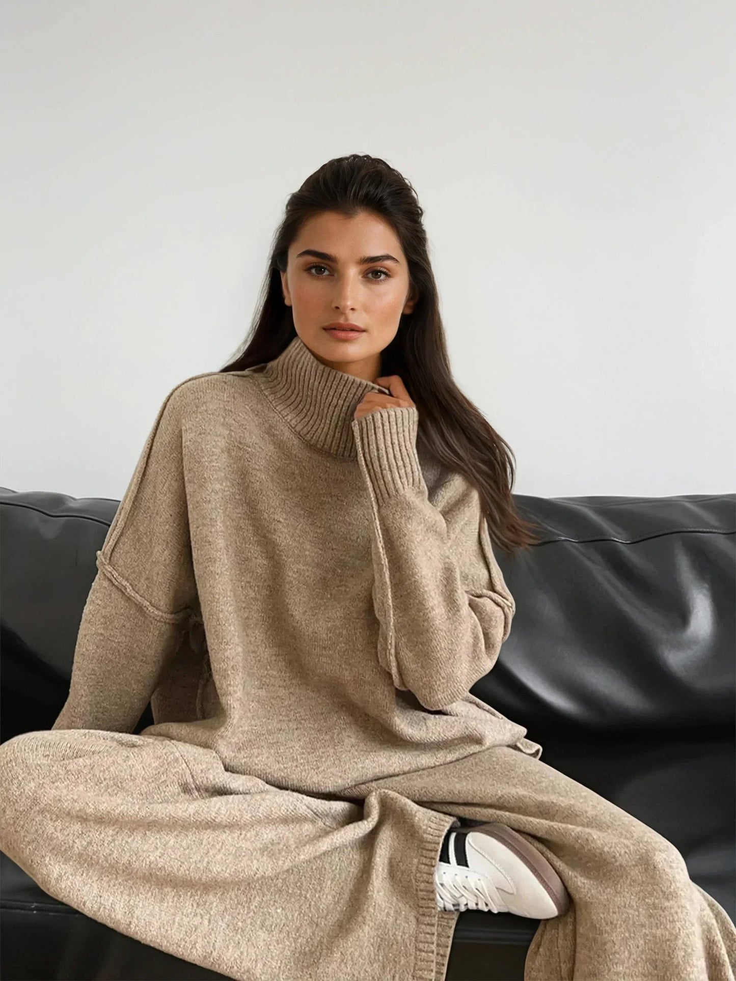 Plain Turtleneck Knit and Pants Set