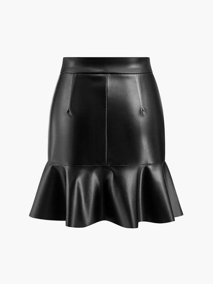 Ruffle Button Clasp Pu Leather Skirt
