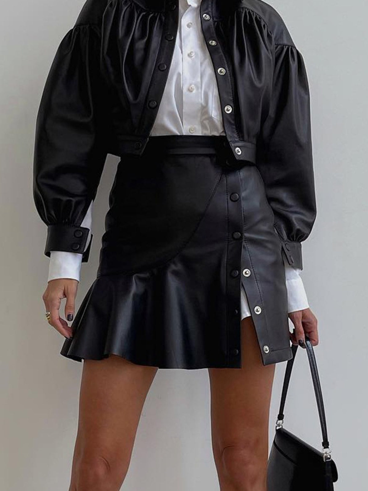 Ruffle Button Clasp Pu Leather Skirt