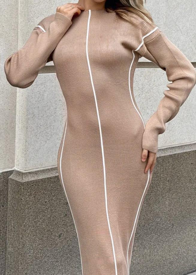 Ribbed Contrast Piping Sweater Dress