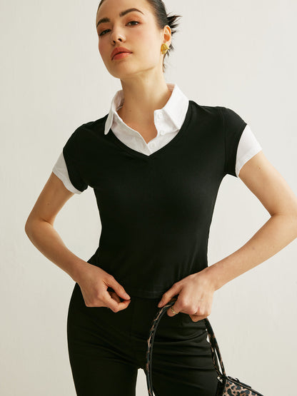 Polo Neck Color Block T-shirt