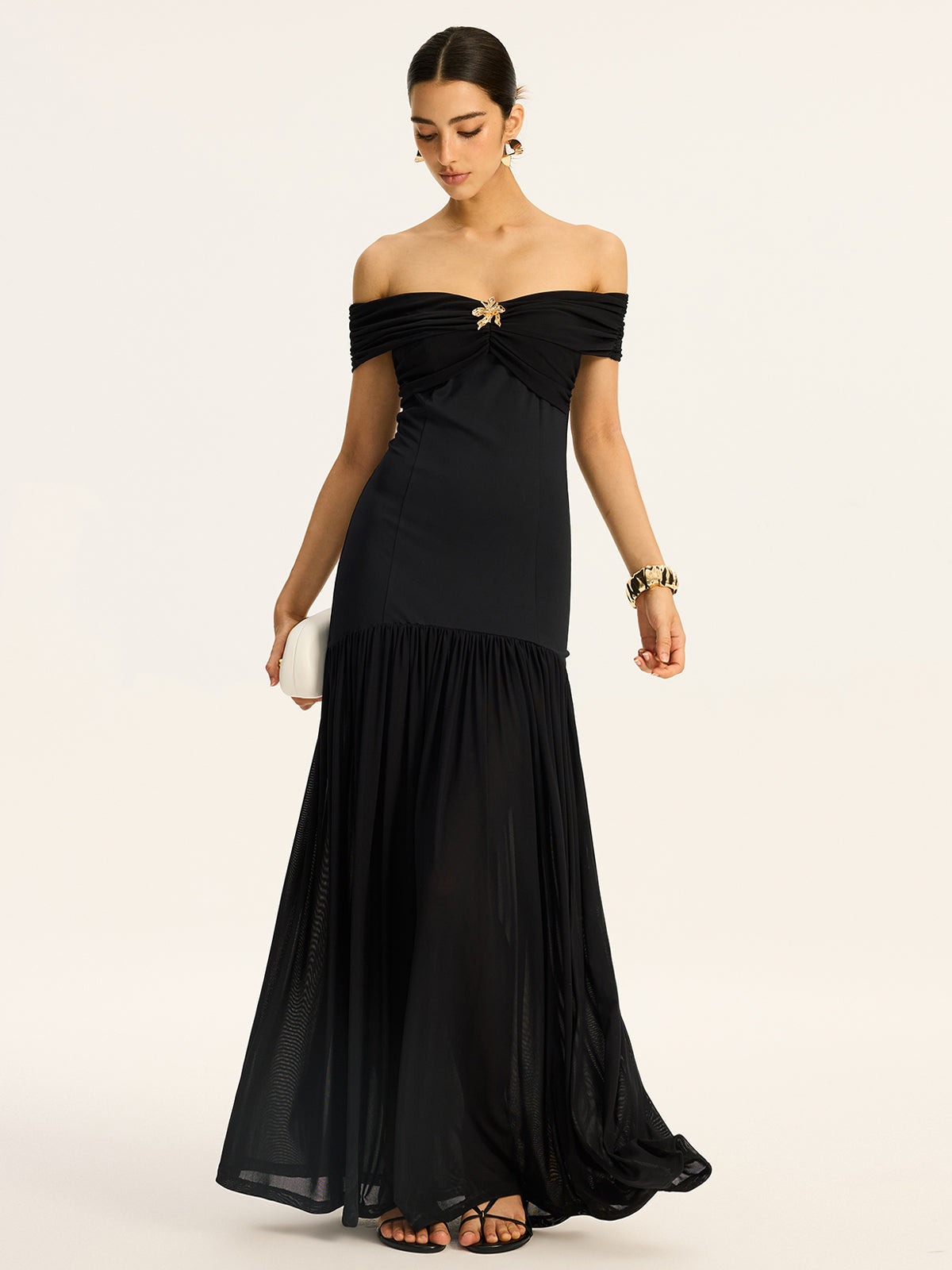 Semi-sheer Off-shoulder Ruched Mesh-paneled Maxi Dress