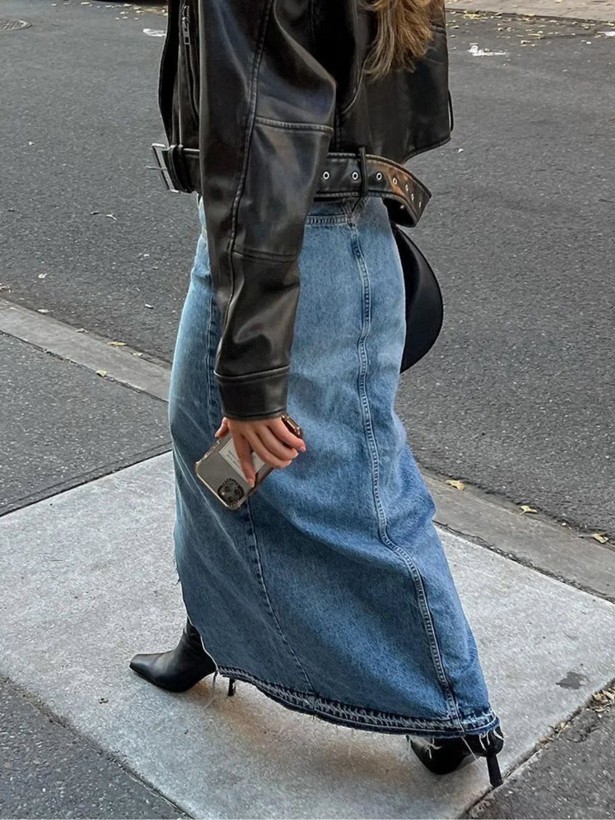 Front Slit Denim Maxi Skirt