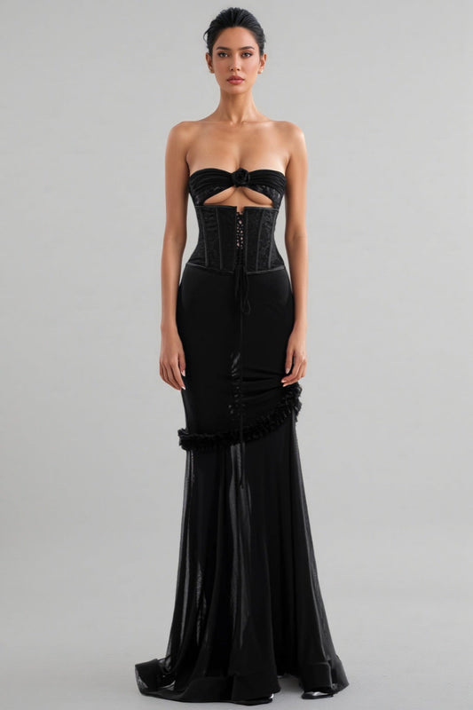 Rykelf Black Embroidered 3d Flower Maxi Dress