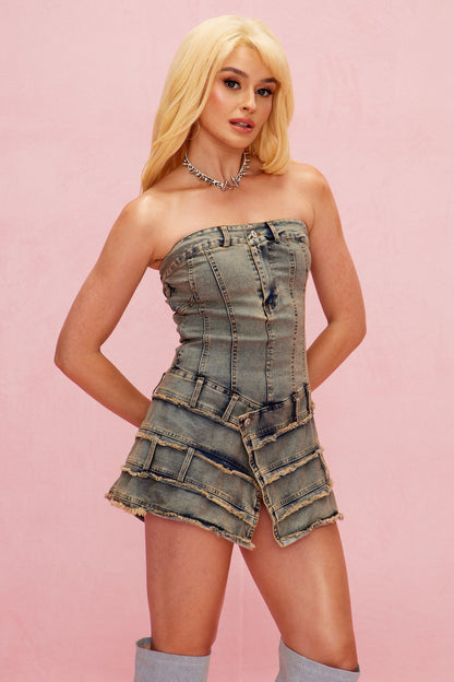 Baam Deconstruct Strapless Asymmetric Mini Dress