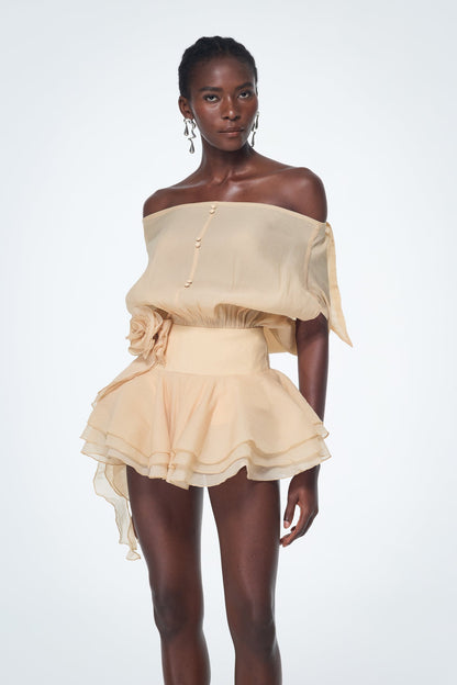 Baatar Backless Ruffle Flower Mini Dress in Apricot
