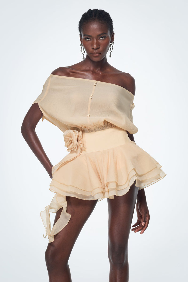 Baatar Backless Ruffle Flower Mini Dress in Apricot