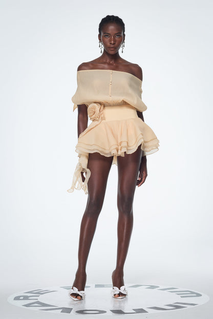 Baatar Backless Ruffle Flower Mini Dress in Apricot