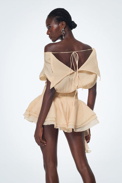 Baatar Backless Ruffle Flower Mini Dress in Apricot