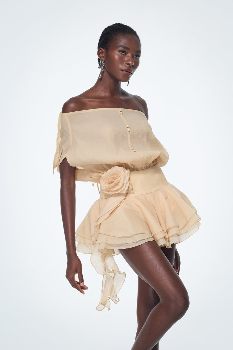 Baatar Backless Ruffle Flower Mini Dress in Apricot