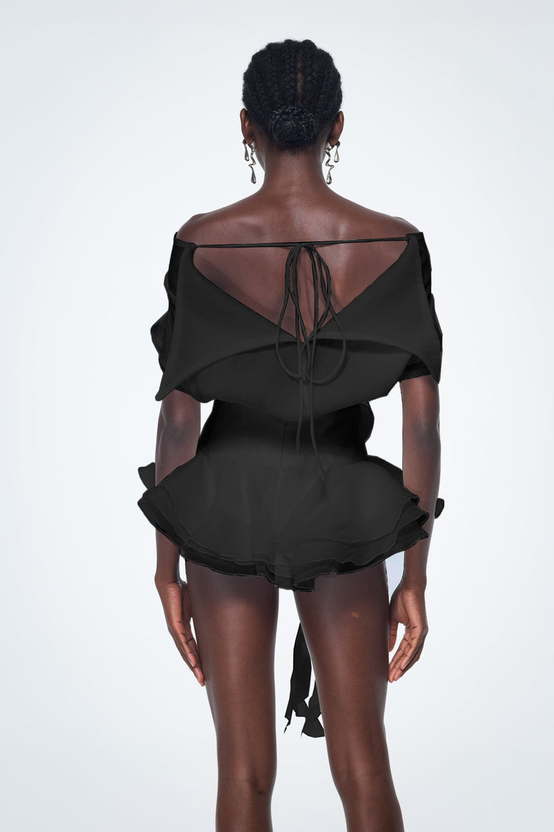 Baatar Backless Ruffle Flower Mini Dress in Black
