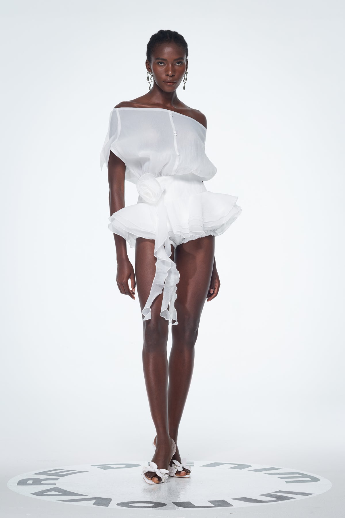 Baatar Backless Ruffle Flower Mini Dress in White