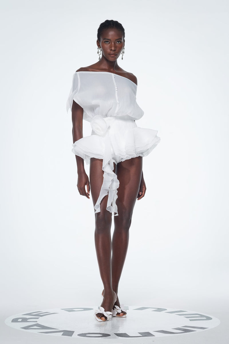 Baatar Backless Ruffle Flower Mini Dress in White